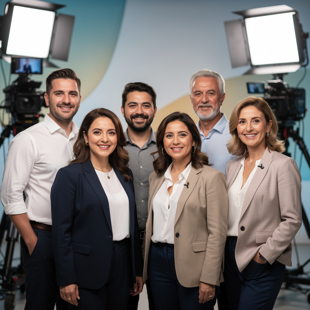 Group of Turkish television professionals posing together in a studio
