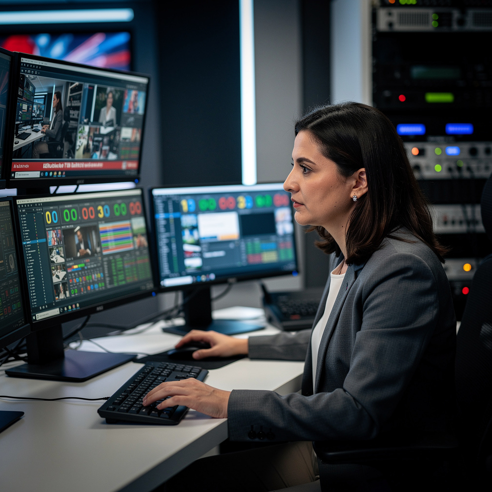 Turkish producer reviewing the broadcast rundown on multiple monitors