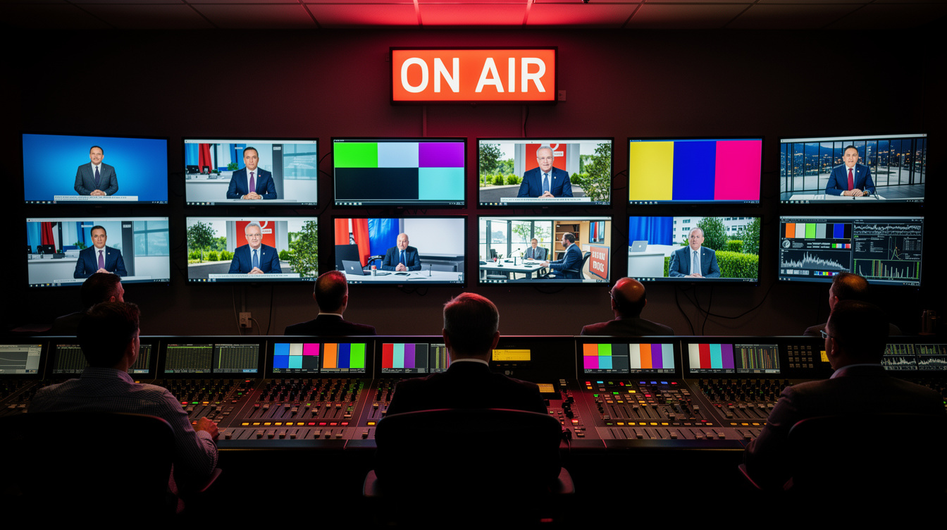 Live broadcast control room with a glowing red on-air sign