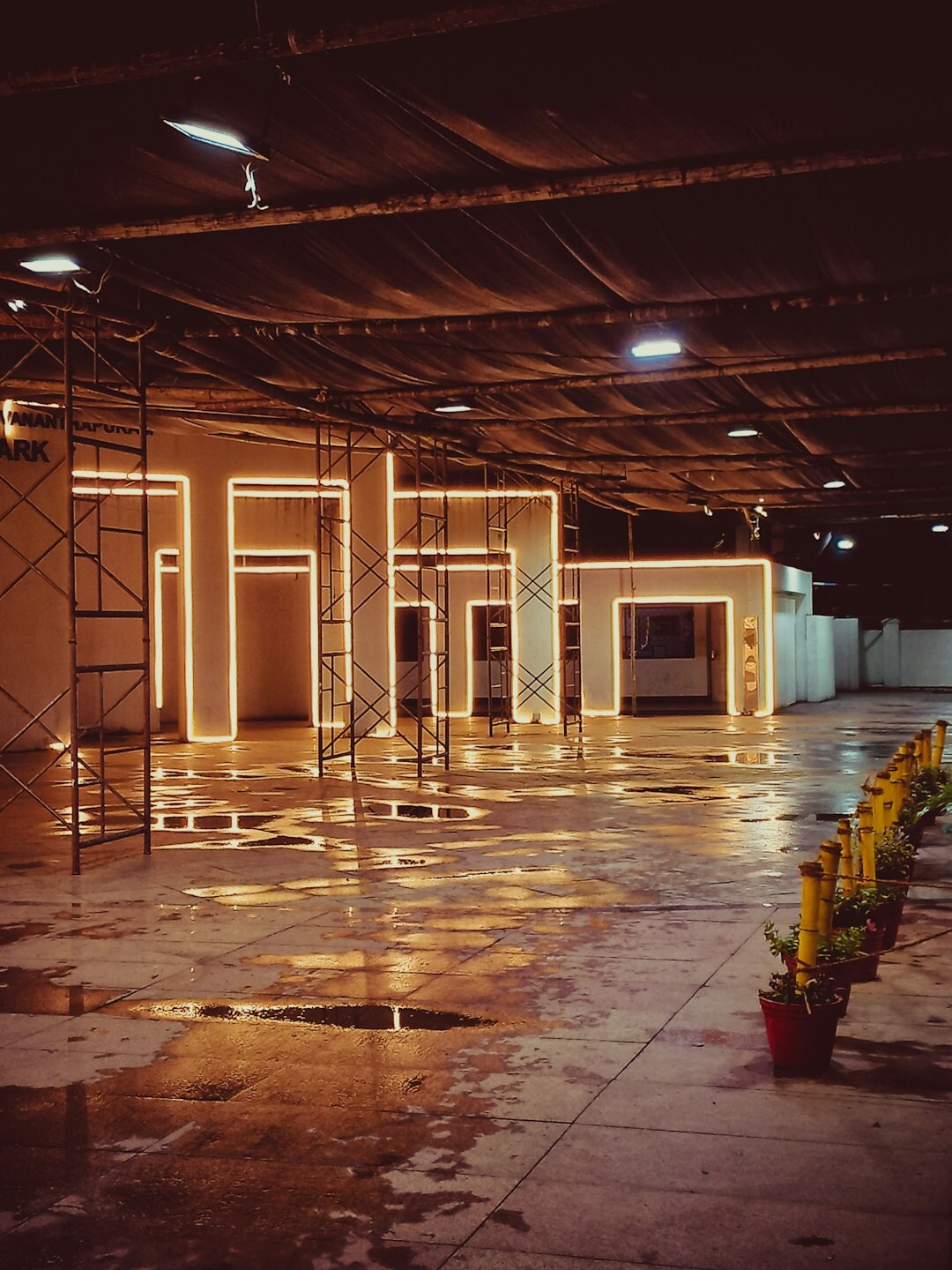 Empty television studio set with cameras and lighting rigs